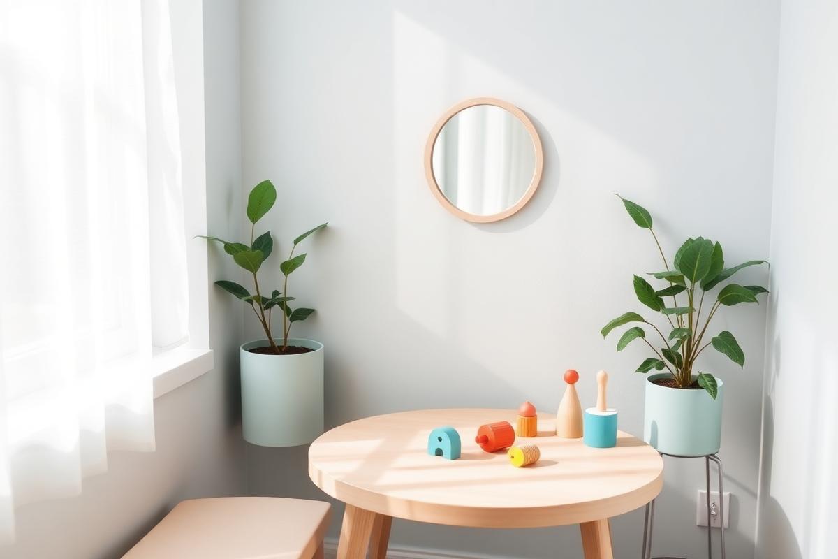 Consultório de fonoaudiologia com mesa de madeira, espelho e brinquedos